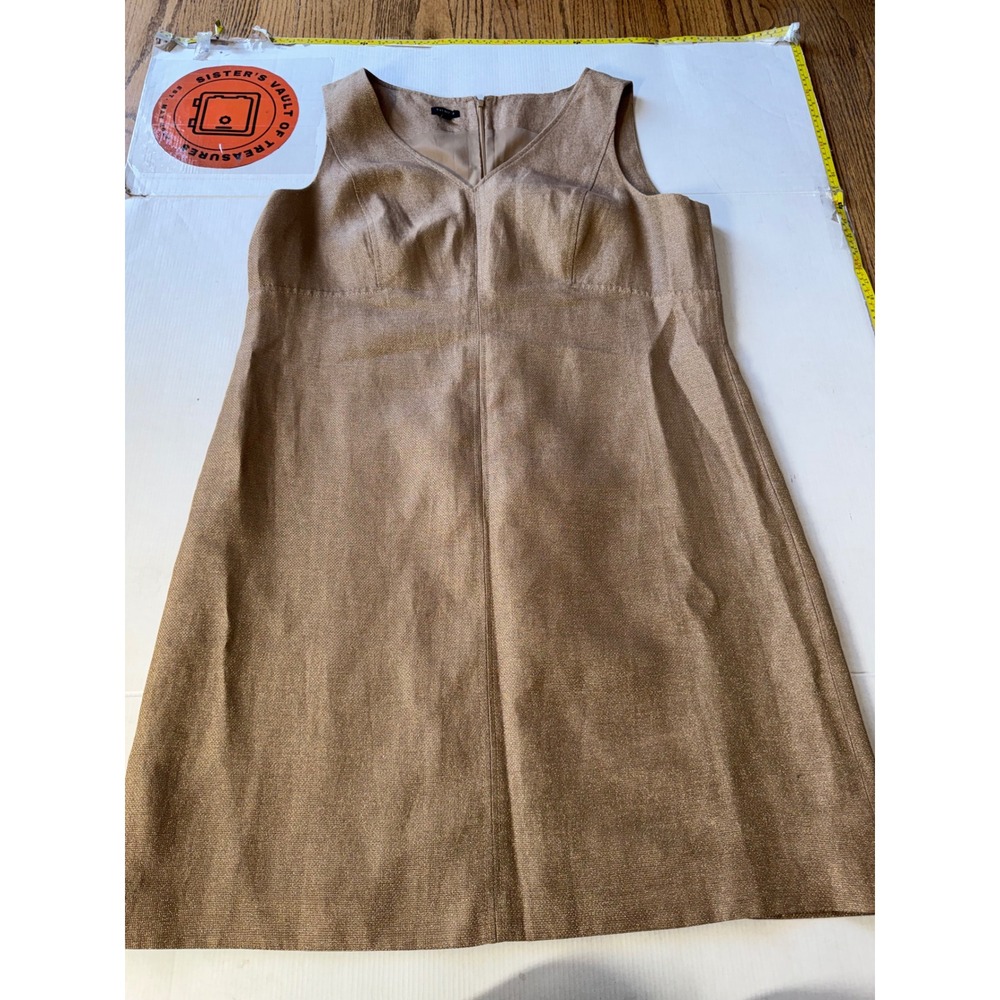 Talbots Women 20 Gold Metallic Sleeveless V-Neck Sheath Dress Lined Tweed Tan